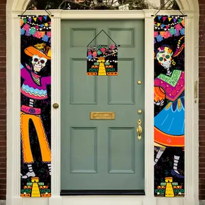 Vibrant Day of the Dead skeleton door banners and square hanging on a green wooden door