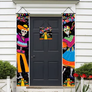 Detailed view of Day of the Dead door banners featuring vibrant Mexican skeletons