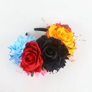 Detailed view of Mexican style floral headband with colorful roses for Halloween party