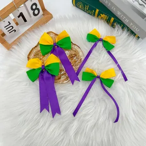 Vibrant Mardi Gras ribbon hair bows set in purple green yellow for girls carnival
