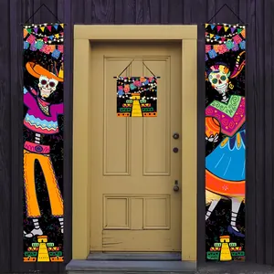 Three-piece Day of the Dead skeleton door banner set for Halloween party decor