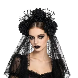 Serre-tête gothique fleurs noires avec crânes et long voile de dentelle Halloween