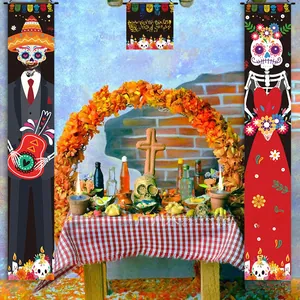 Festive Day of the Dead banners set displayed on a traditional Mexican party altar