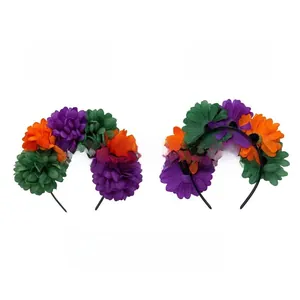 Detailed front and back views of a Halloween headband with 6 artificial flowers