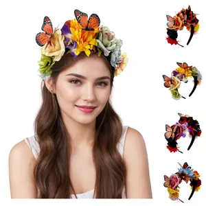 Handmade Mexican ethnic floral headband with butterflies for Halloween and Day of the Dead
