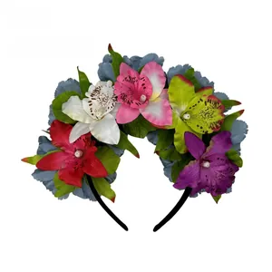 Back view of colorful floral orchid headband for festival and Day of the Dead parties