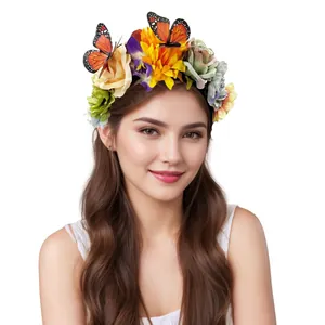 Model wearing a vibrant Mexican style floral headband with decorative butterflies for party