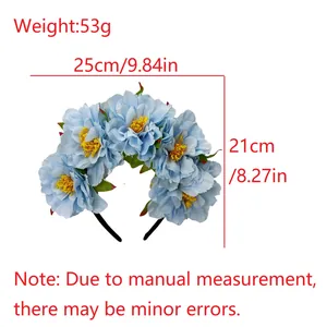 Blue peony flower headband size guide showing 25cm width and 21cm height for Halloween