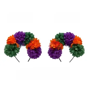 Detailed front and back views of a Halloween floral headband featuring 12 fabric flowers