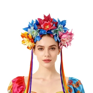 Detailed view of a vibrant Mexican-style floral headband featuring colorful streamers