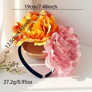 Large artificial camellia headband detail showing 19cm width and 27.2g weight measurements