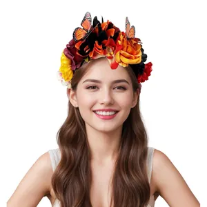 Vibrant Mexican flower headband with orange butterflies for Halloween party costumes