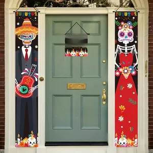 Close-up detail of Día de los Muertos skeleton door banner set for Halloween party decor