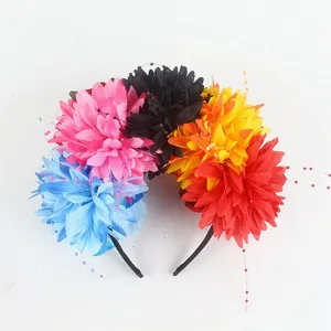 Vibrant Mexican silk floral headband with beads for Halloween and party costumes.