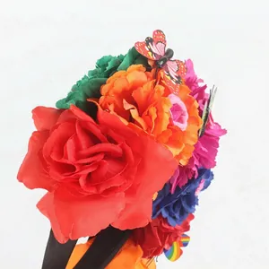Detail view of Mexican Day of the Dead floral headband with colorful roses and butterflies