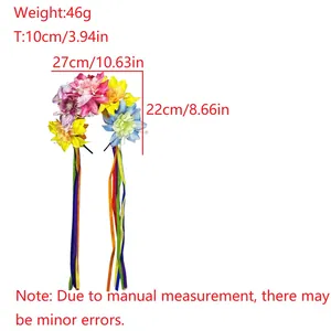 Detailed measurements for colorful Mexican floral headband with hanging ribbons.