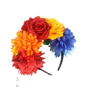 Vibrant Mexican style floral headband featuring artificial roses for Halloween festival parties.