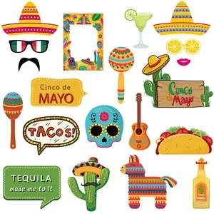 Detailed view of various colorful Mexican Fiesta photo booth props for Cinco de Mayo parties