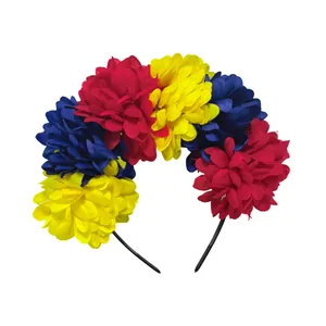 Vibrant floral headband featuring red, yellow, and blue fabric flowers for festive events