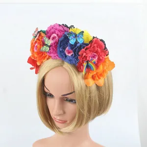Vibrant Mexican Day of the Dead floral headband with colorful butterflies on mannequin