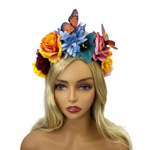 Detailed view of colorful Mexican style flower headband with monarch butterflies.