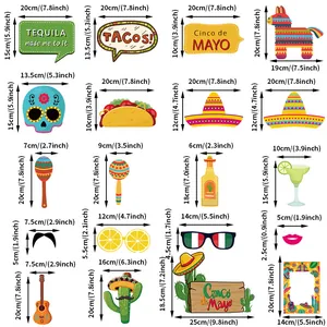 Detail view of 16 Mexican fiesta photo booth props with precise size dimensions