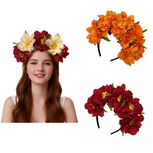 Mexican Day of the Dead Artificial Peony Flower Headband Halloween Gothic Floral Hair Band Party Headwear Costume Accessory For Women