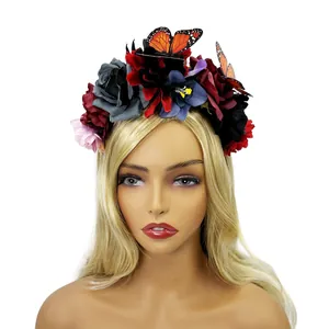 Mexican Day of the Dead floral headband with realistic butterflies for Halloween parties