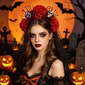 Serre-tête floral avec crâne et long voile en dentelle noire pour soirée d'Halloween