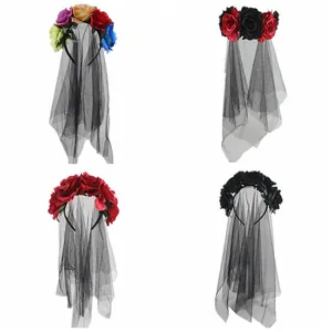 Halloween Day of the Dead Rose Flower Headband with Black Mesh Veil Vintage Gothic Witch Cosplay Party Hair Accessories