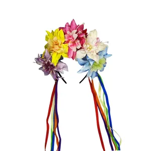 Vibrant Mexican party headband with large artificial flowers and long rainbow ribbons