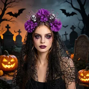 Serre-tête Halloween gothique avec fleurs violettes, crânes et voile en dentelle noire