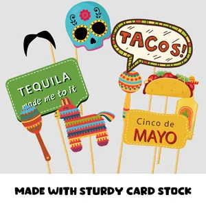 Vibrant Mexican fiesta photo booth props made with sturdy card stock material.