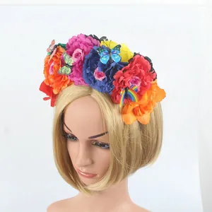 Vibrant Mexican Day of the Dead floral headband decorated with butterflies and peonies