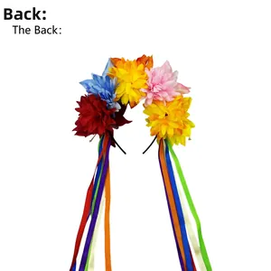 Detailed back view of a colorful Mexican floral headband with vibrant hanging ribbons