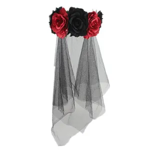Elegant gothic red and black rose flower headband with black mesh veil for Halloween cosplay costumes