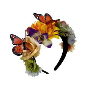 Detailed view of a Mexican floral headband with vibrant monarch butterflies for party