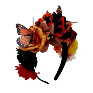Detailed view of a Mexican-style floral headband with butterflies for Halloween parties.