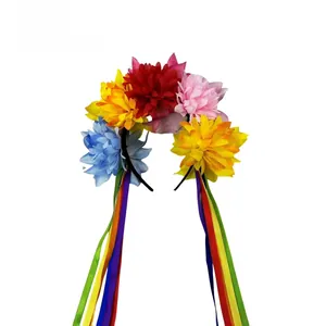 Back view of Mexican party headband with large colorful flowers and rainbow streamers