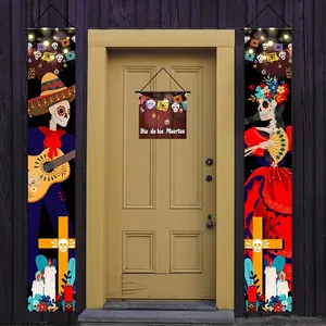 Mexican Day of the Dead door banner set with skeleton and marigold festive decorations