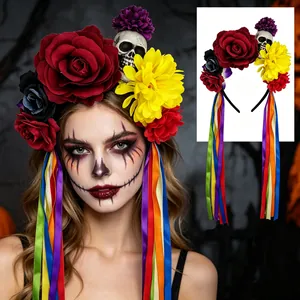 Serre-tête floral gothique Halloween Jour des Morts avec crâne et rubans colorés