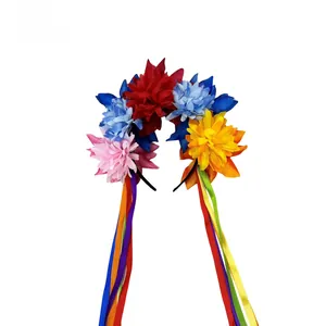 Detailed back view of a vibrant Mexican floral headband with colorful hanging ribbons
