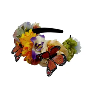 Detailed view of Mexican style floral headband with colorful silk flowers and butterflies