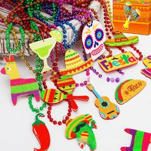 Colorful Mexican Cinco de Mayo beaded necklaces with festive glitter pendants for kids party favors