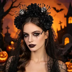 Serre-tête crâne d'Halloween gothique avec fleurs noires et long voile en dentelle