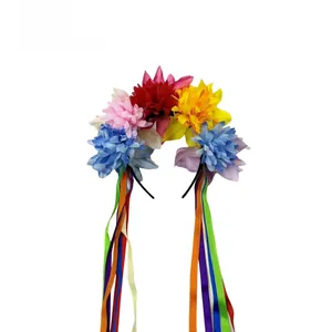Detailed back view of a colorful Mexican floral headband with long hanging ribbons