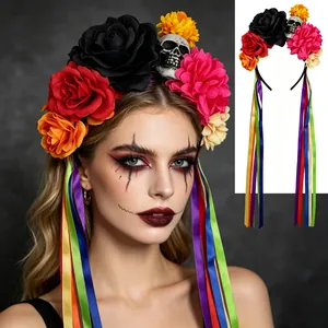 Serre-tête fleur d'Halloween Jour des Morts avec crâne et longs rubans colorés