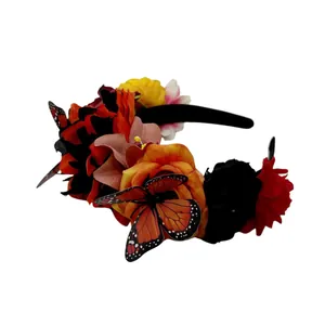 Detailed view of Mexican floral headband with artificial butterflies for Halloween parties
