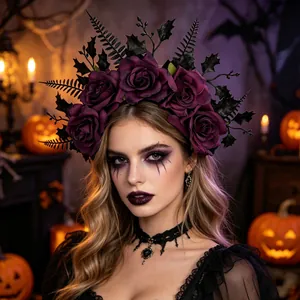 Detailed view of dark purple rose headband with black leaves for Halloween Gothic costume look