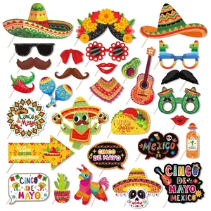 30pcs Mexican Cinco de Mayo party photo booth props with cactus and sombrero designs